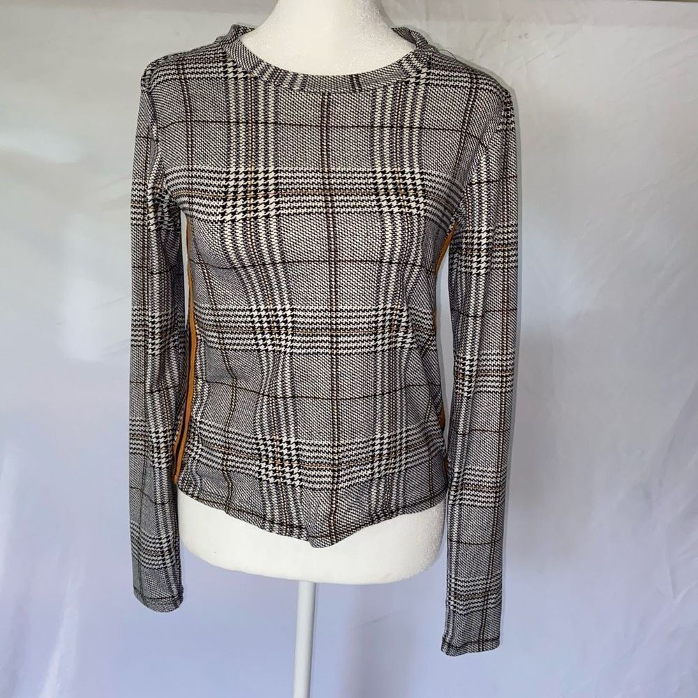 Forever 21 Women's S Small Black/Gold/White Houndstooth Striped Top